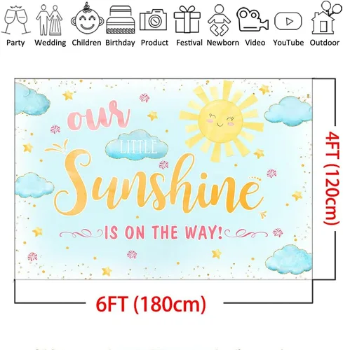 Miniatura 4 de Mocsicka Telón de fondo para baby shower, sol y nube, fondo de baby shower, con texto en inglés "Our Little Sunshine", decoración para sesión