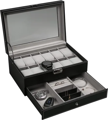 Ogrmar Cajas de almacenamiento de reloj de piel sintética con 12 ranuras, para hombres y mujeres, estuche organizador de 2 niveles con tapa de