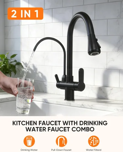 Miniatura 2 de WANFAN Grifo de fregadero de cocina con rociador extraíble 2 manijas 3 en 1 filtro de agua purificador grifos negro 0195R
