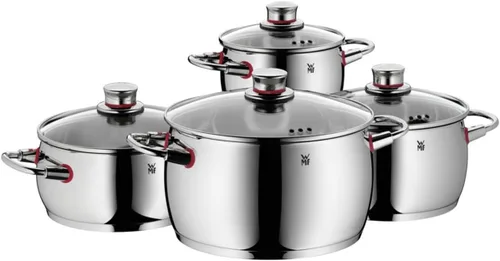 WMF Juego de 4 utensilios de cocina de calidad con orificio de vapor, tapa de vidrio Cromargan de acero inoxidable cepillado, apto para todas las