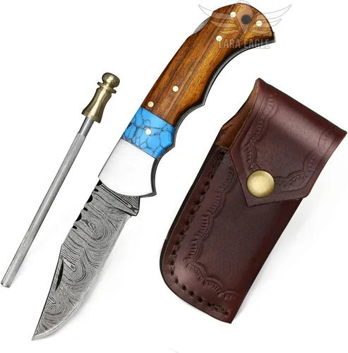 Miniatura 11 de Cuchillo de bolsillo de damasco Lara Eagle para hombres - Cuchillos de caza plegables hechos a mano de 133 capas de acero sólido con afilador
