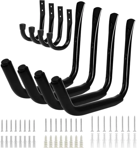 Miniatura 9 de KURUI Ganchos de pared para garaje y jardín, juego de 4 soportes para manguera de agua, gancho grande de almacenamiento para garaje para escalera