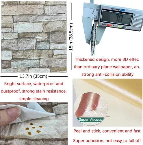 Miniatura 5 de 20PCS Paneles de Pared 3D de Espuma para Despegar y Pegar, Papel Tapiz de Ladrillo 3D para Despegar y Pegar, Panel de Pared de Piedra Falsa