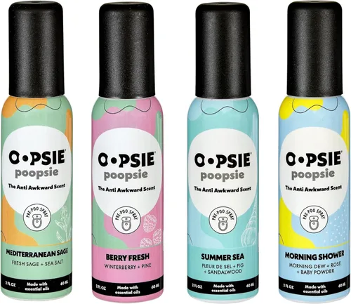 Oopsie Poopsie Aerosol para inodoro – Antes y después de ir – Spray neutralizador y eliminador de olores de baño, tamaño de viaje con aceites