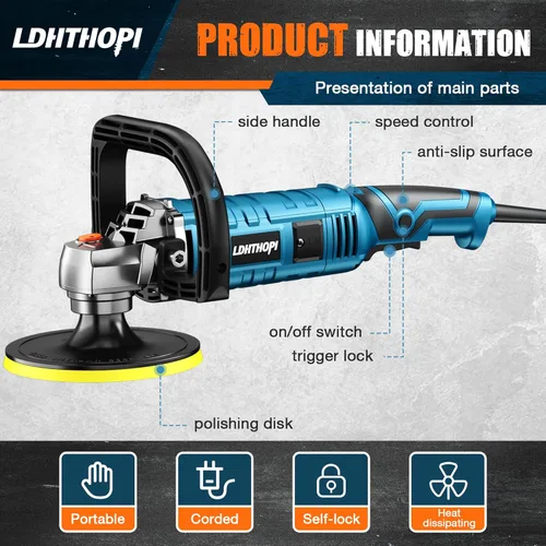 Miniatura 7 de LDHTHOPI Pulidora Buffer, 1600W 7 Pulgadas/6 Pulgadas Pulidora Buffer Rotatoria Encerador, 7 Velocidad Variable 1000-3500 RPM, Mango Desmontable