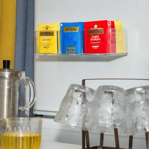 Miniatura 5 de Organizador de Bolsitas de Té con Capacidad para hasta 60 Bolsitas de Té, Té con 3 Compartimentos, Caja de Té de Montaje Adhesivo en Pared