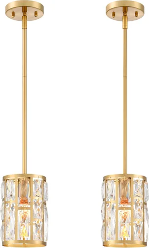 MEXO Lámpara Colgante de Cristal Moderna Accesorio de Iluminación Paquete de 2 con Acabado Dorado Iluminación Colgante Candelabro de Cristal para