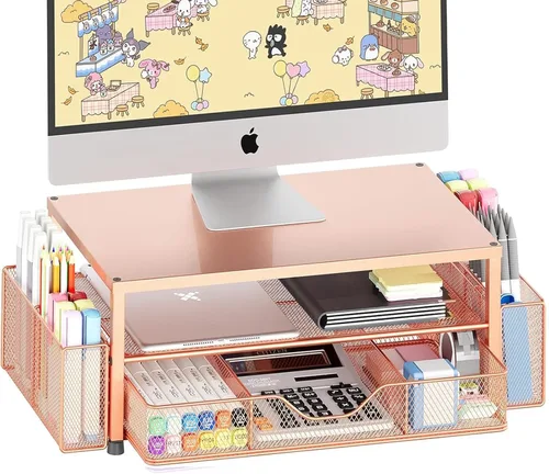 Miniatura 14 de OPNICE Soporte elevador de monitor doble con cajón y 2 soportes para bolígrafos, organizador de escritorio para suministros de oficina, soporte
