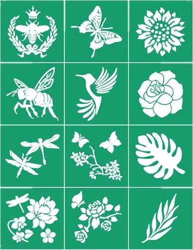 Miniatura 9 de JAJADO Plantillas de flores silvestres, 4 unidades, plantillas de pantalla de seda autoadhesivas, plantillas de flores de rosas, animales, plantas