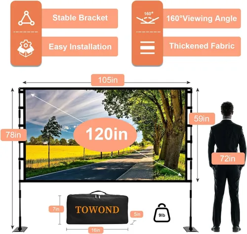 Miniatura 3 de TOWOND Pantalla de Proyector y Soporte, Pantalla de Proyector para Exteriores de 120 Pulgadas para Interiores, Pantalla de Película Portátil 16:9 4K