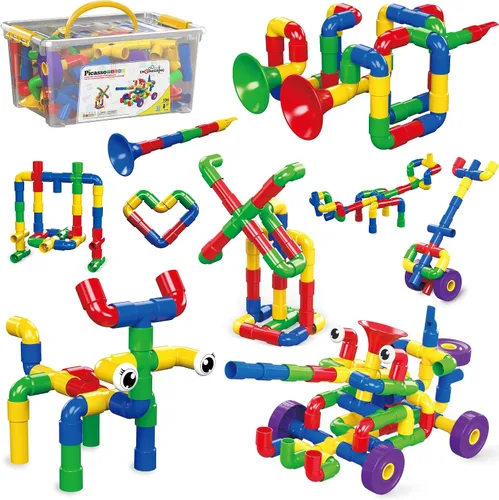 PicassoTiles PTT136 136 piezas Tubular Pipes & Spout STEAM Conjunto de bloques de construcción educativos entrelazados, Tube Locks, bloques de 136
