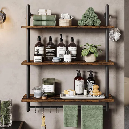 Miniatura 6 de Bestier - Estantería industrial de 3 niveles para tubos, estantes flotantes para libros para pared, estantes colgantes de almacenamiento con barra