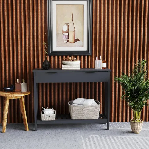 Miniatura 6 de TaoHFE Mesa de entrada negra con cajón, mesa consola estrecha moderna de madera con almacenamiento, mesa de pasillo, mesas de sofá para sala