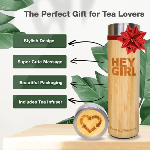 Miniatura 4 de Hey Girl - Botella infusor de té de bambú con colador de té, botella de agua aislada de acero inoxidable para té y café de hojas sueltas, vaso de té