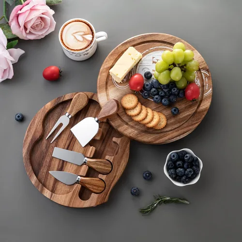 Miniatura 2 de Juego de tablas de queso de madera de acacia, tabla de charcutería y plato para servir queso con 4 cuchillos de queso de acero inoxidable, ideal