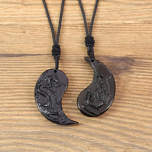 Miniatura 5 de COAI Collar con colgante de dragón obsidiana y fénix Yin Yang para parejas