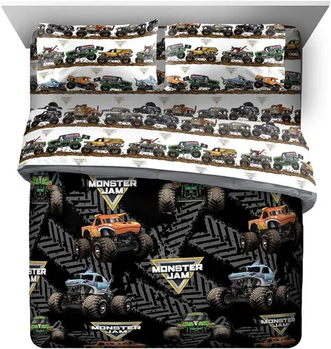 Miniatura 2 de Jay franco Juego de ropa de cama Queen de 5 piezas de Monster Jam Tracks incluye edredón y sábanas con Grave Digger y Megalodon de microfibra suave
