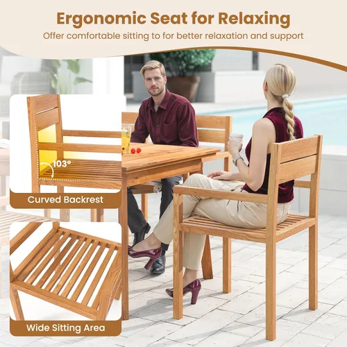 Miniatura 7 de HAPPYGRILL Silla de comedor de madera de teca, sillón de muebles de madera para exteriores con asiento y respaldo de listones, para patio trasero