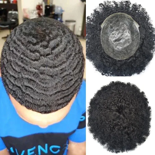 Miniatura 11 de Tupé rizado afro para hombres negros, base de poliéster completa, unidad de cabello fino 100% virgen humano rizado, unidades de repuesto