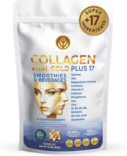Vital Life - Polvo de péptidos de colágeno – Colágeno hidrolizado con fórmula BioSynergy y 17 súper ingredientes, sabor a vainilla, 16 onzas, apoya