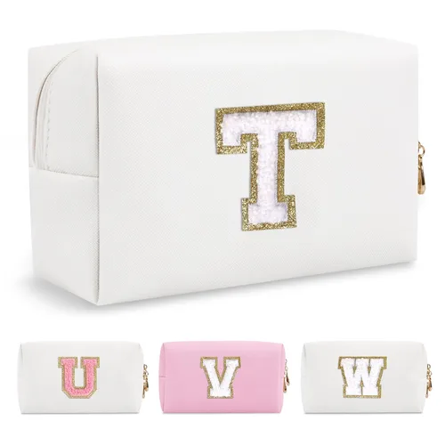 Miniatura 275 de Pequeña bolsa de maquillaje personalizada con inicial A-Z Preppy Patch, bolsa de cosméticos de viaje de felpilla blanca con cremallera, bonita bolsa