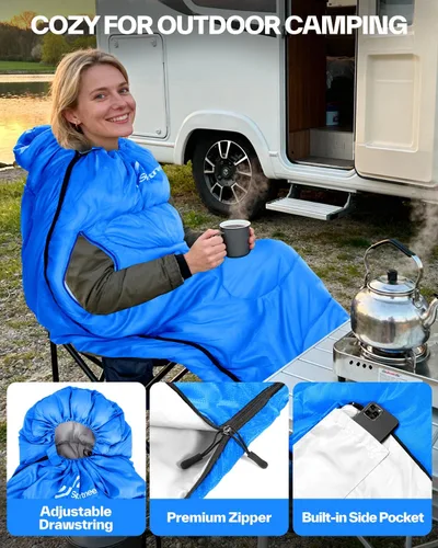 Miniatura 4 de Sportneer Saco de dormir portátil para adultos y niños - Caminable con cremalleras en los brazos, clima cálido e impermeable frío, compacto para Azul