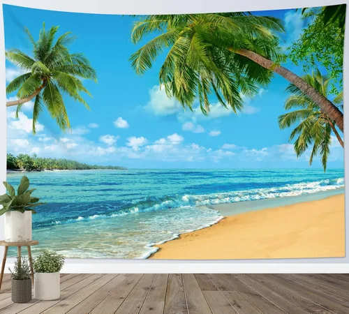 HVEST Tapiz de playa para colgar en la pared, paisaje tropical azul océano, tapiz natural para dormitorio, palmera verde con cielo azul, nube