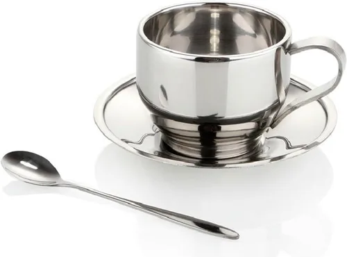 Miniatura 4 de Jasni Taza de café de acero inoxidable, tazas de café expreso y grandes tazas de capuchino con cuchara y platillo, idea de regalo para los amantes