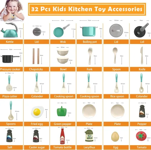 Miniatura 3 de Bruvoalon Juego de 32 juguetes de cocina para niños, accesorios de cocina con ollas, sartenes, utensilios de cocina, alimentos, verduras enlatadas