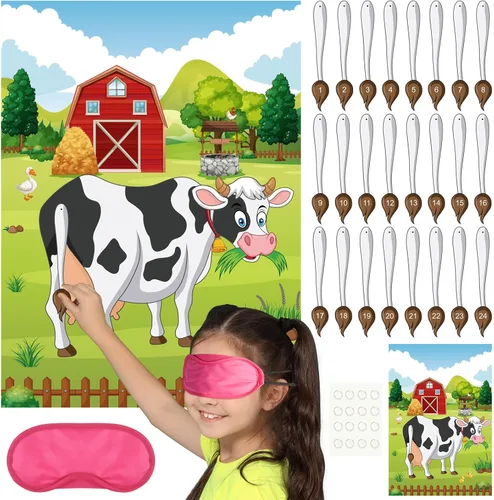 PLULON Juega a Colocar la Cola en la Vaca Juego de Fiesta para Niños, Juego Temático de Granja y Vaca para Cumpleaños Animales Póster de Vaca con