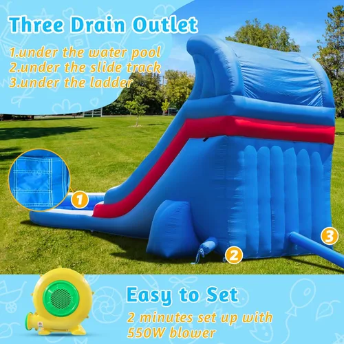 Miniatura 6 de Tobogán acuático inflable de grado para niños de 22 pies con gran piscina de salpicaduras, parque acuático azul resistente para niños con soplador