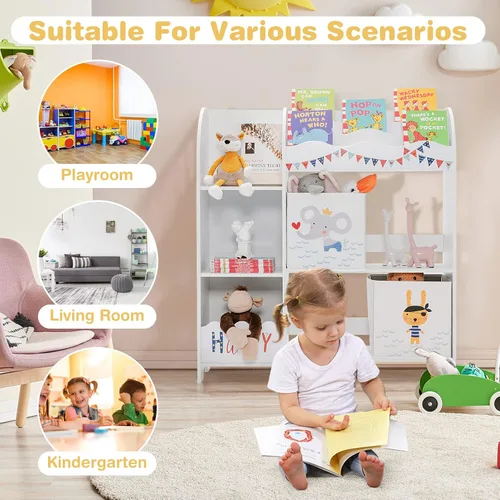 Miniatura 9 de HONEY JOY Organizador de almacenamiento de juguetes para niños, unidad de almacenamiento de madera con 2 cajas, estantería de exhibición para niños