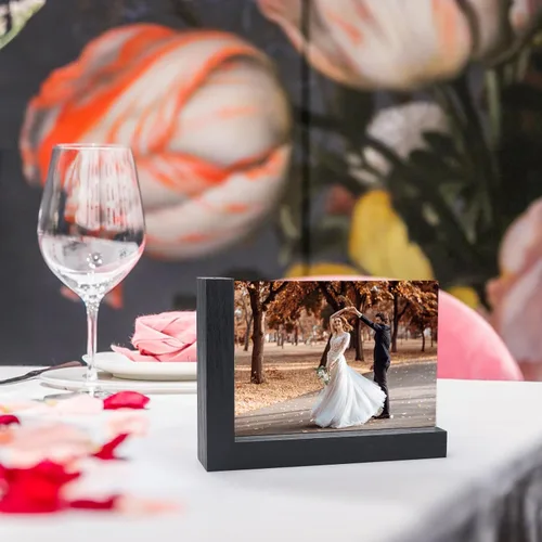 Miniatura 7 de Lavezee Paquete de 2 marcos de fotos de 4 x 6 pulgadas, hechos de base de madera negra en forma de L con vidrio, imágenes de fotos de doble cara