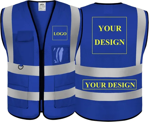 Miniatura 48 de Chaleco Reflectante Clase 2 de Seguridad ANSI con Bolsillos y Cremallera de Alta Visibilidad Uniforme de Construcción K-azul