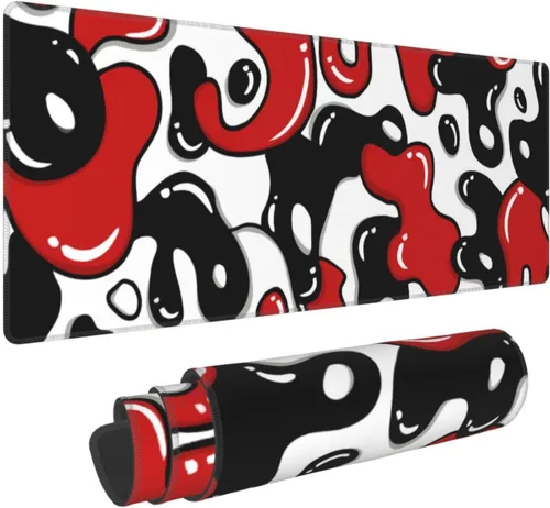 Alfombrilla de mouse color rojo, negro y blanco, XL de 31.5 x 11.8 pulgadas, alfombrilla de escritorio japonesa geométrica anime, base de goma