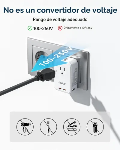 Miniatura 7 de DOACE Adaptador de viaje Pico de 45 W, adaptador de corriente universal de 5 puertos, 1 CA, 2 USB C y 2 USB-A, adaptador de enchufe internacional
