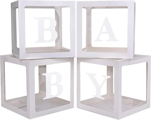 Cajas de bebé PABUES con 4 piezas de letras para baby shower, caja de globos transparentes en blanco con bloques para revelación de género y