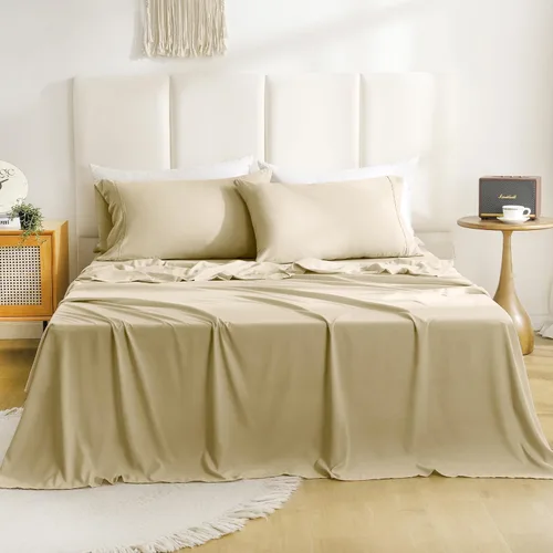 CozySmile Juego de sábanas transpirables y refrescantes, sábanas de lujo de 4 piezas con bolsillo profundo para cama de tamaño matrimonial, se Beige