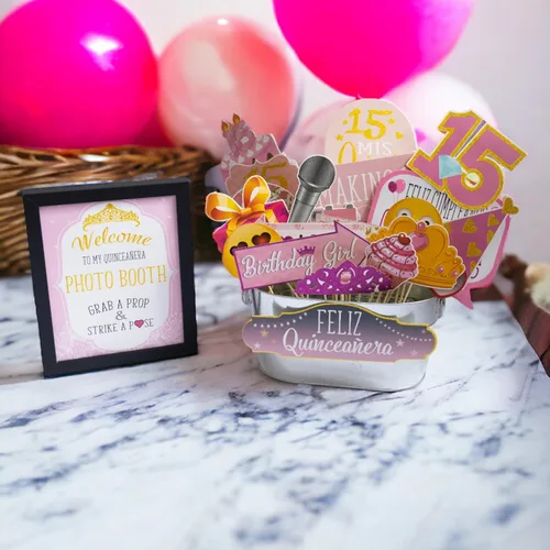 Miniatura 6 de Accesorios para cabina de fotos de quinceañera, kit de cabina de fotos de 41 piezas con letrero de 8 x 10 pulgadas, 60 almohadillas adhesivas, 45