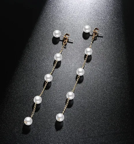 Miniatura 5 de LOKLIFFAI Aretes de plata de ley 925 con forma de bola de perlas y cadena larga para mujeres y niñas