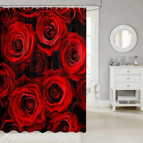 Miniatura 2 de Cortina de ducha con rosas rojas, juego de cortinas de ducha para niñas, mujeres y niños, cortina de ducha de tela impermeable con flores botánicas