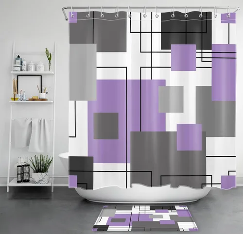 Miniatura 17 de LB Cortina de ducha geométrica a rayas grises y blancas, cortinas de ducha abstractas de mediados de siglo verde salvia para baño, 72 x 72 pulgadas