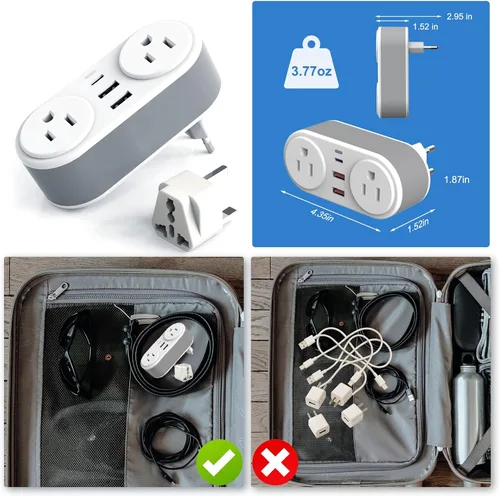 Miniatura 5 de Adaptador de enchufe de viaje europeo para Europa y Reino Unido, cargador rápido PD de 20 W con 2 tomacorrientes, 3 puertos de carga USB, adaptador