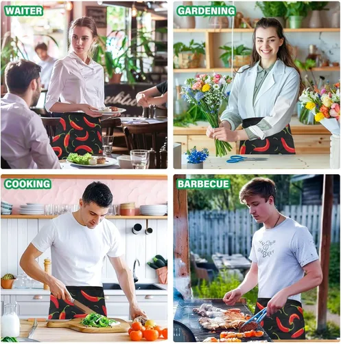 Miniatura 6 de DOMIKING Delantales de camarera con 3 bolsillos para camarera, delantal de chef, delantales cortos para cocina, restaurante