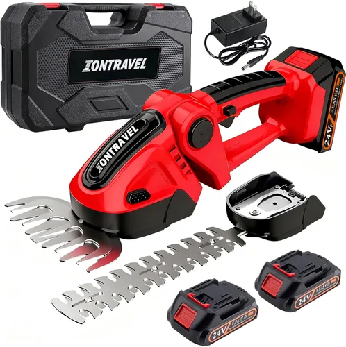 Cortasetos inalámbrico - Cortasetos eléctrico de 24 V, tijeras de césped de mano, cortasetos con 2 baterías recargables, cargador y caja de Rojo