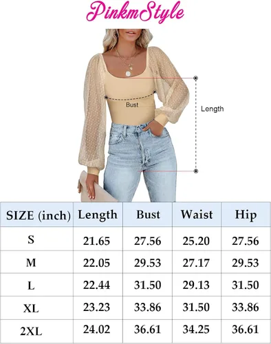 Miniatura 7 de PINKMSTYLE Body de manga larga con cuello cuadrado para mujer, con lunares, traslúcido, básico