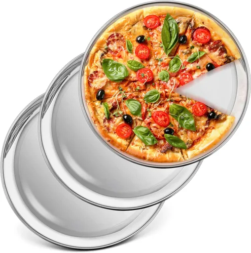 Miniatura 9 de P&P CHEF Bandeja redonda de acero inoxidable para pizza de 10 pulgadas, bandeja para hornear pizzas, bandeja para servir carne de galletas, horno
