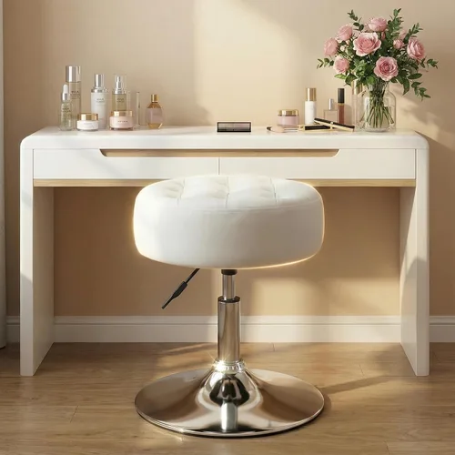 Miniatura 12 de Furnimart Taburete otomano moderno redondo de piel sintética, taburete de maquillaje contemporáneo para dormitorio, sala de estar, entrada