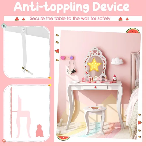 Miniatura 4 de Costzon Juego de tocador para niñas, juego de tocador con espejo y taburete, cajón de almacenamiento, tocador de maquillaje para niñas pequeñas