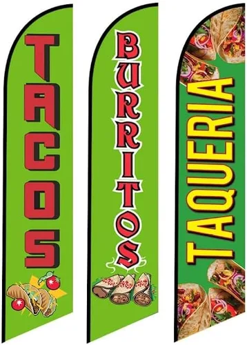 Tacos Burritos y Taqueria Restaurante Mexicano Publicidad Banderas de Plumas Solo (Paquete de 3)